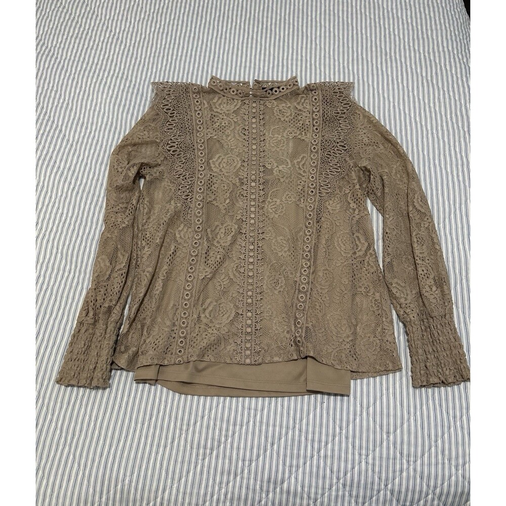 Cable & Gauge Romantic Lace Layered Mock neck Blouse Top Women Large Light Brown